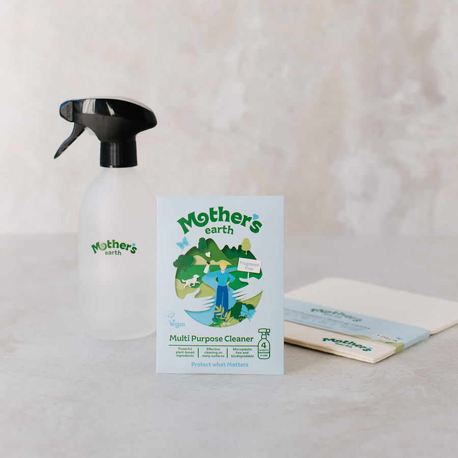 Mother's Earth reusable glass spray bottle, cleaner sheets and plant-based cloths