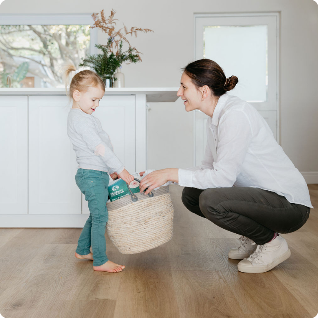 Mother and child with laundry